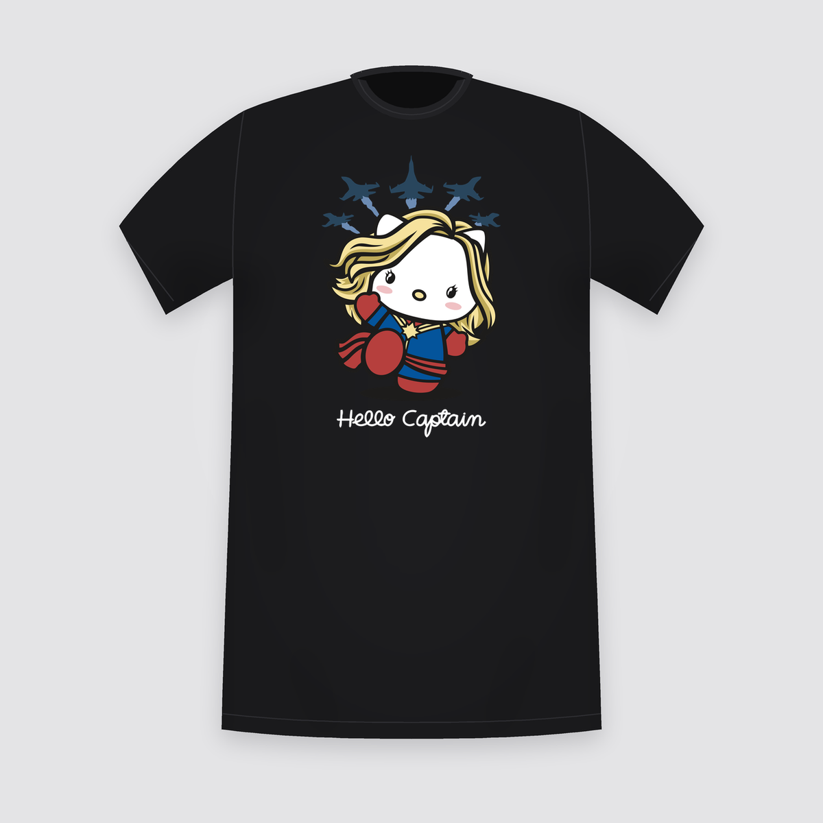 Hello Captain Cartoon Cat Hero Black T-Shirt