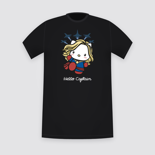 Hello Captain Cartoon Cat Hero Black T-Shirt