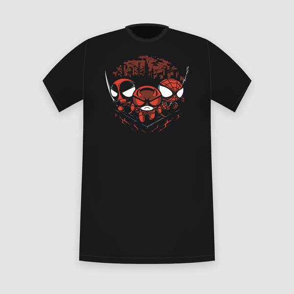 Marvel Deadpool Daredevil and Spider-Man Chibi Rooftop Black T-Shirt