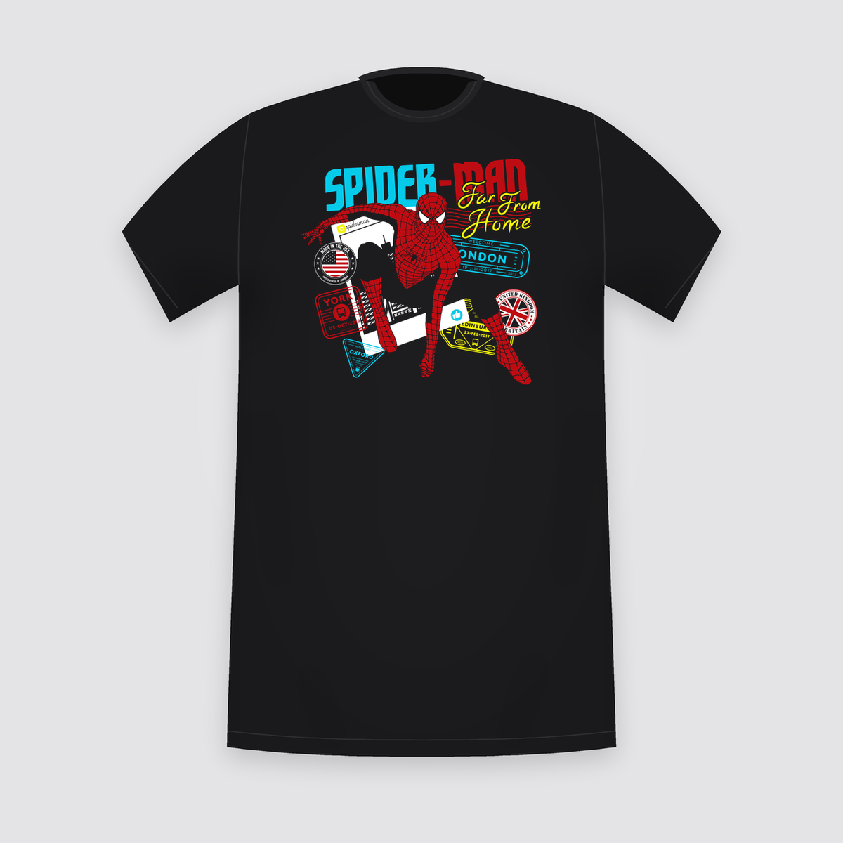 Marvel Spider-Man Far From Home Travel Stickers Black T-Shirt